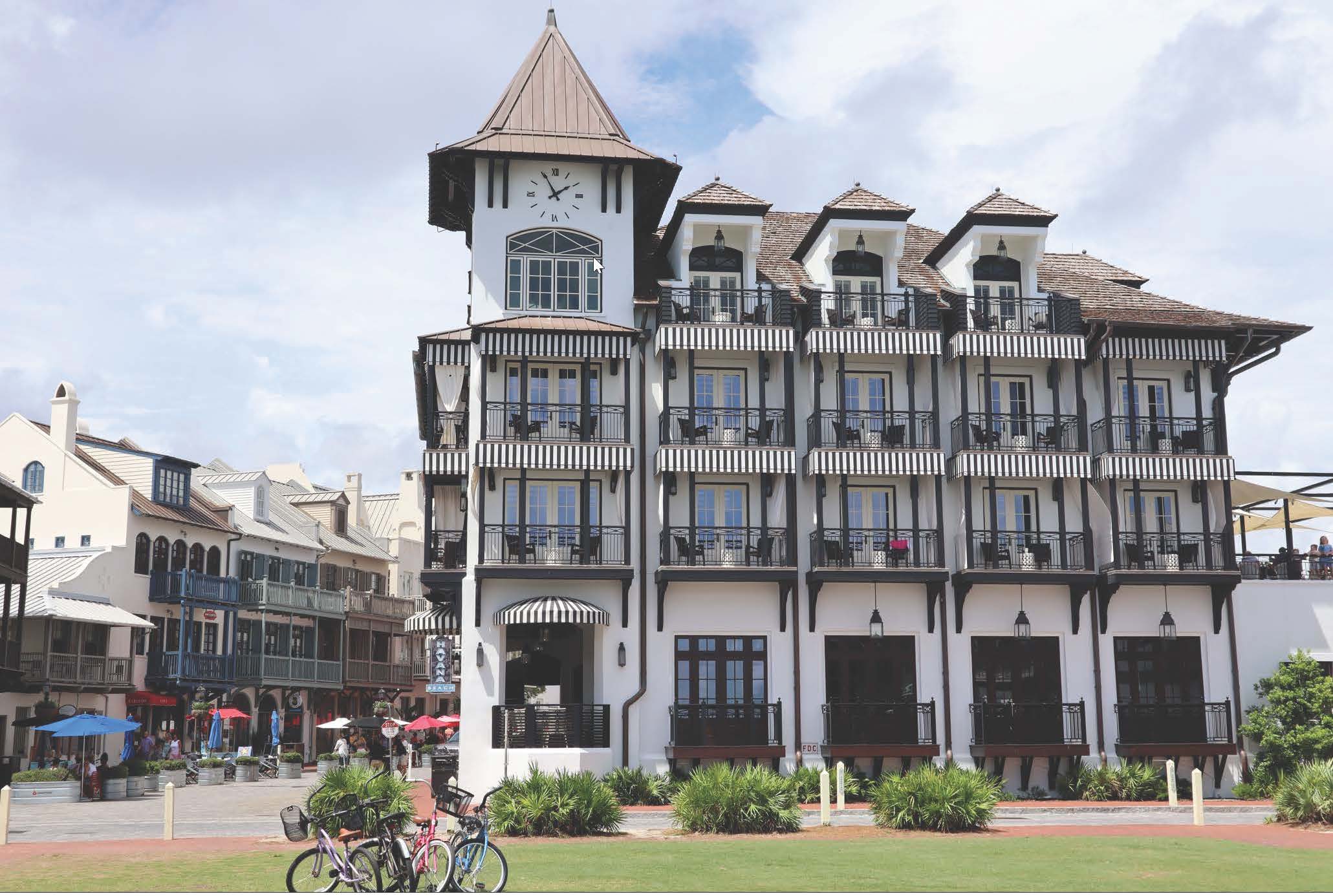 Vibrant street scene in Rosemary Beach FL along scenic 30A